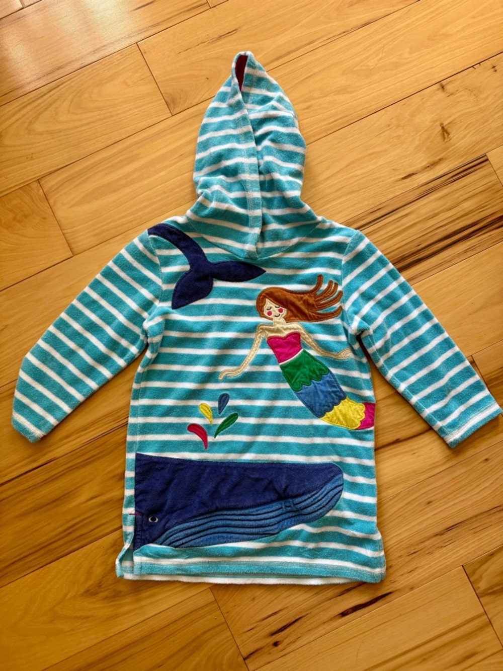 Mini Boden Aqua and White Striped Hooded Tunic with Mermaid & Whale Appliqués